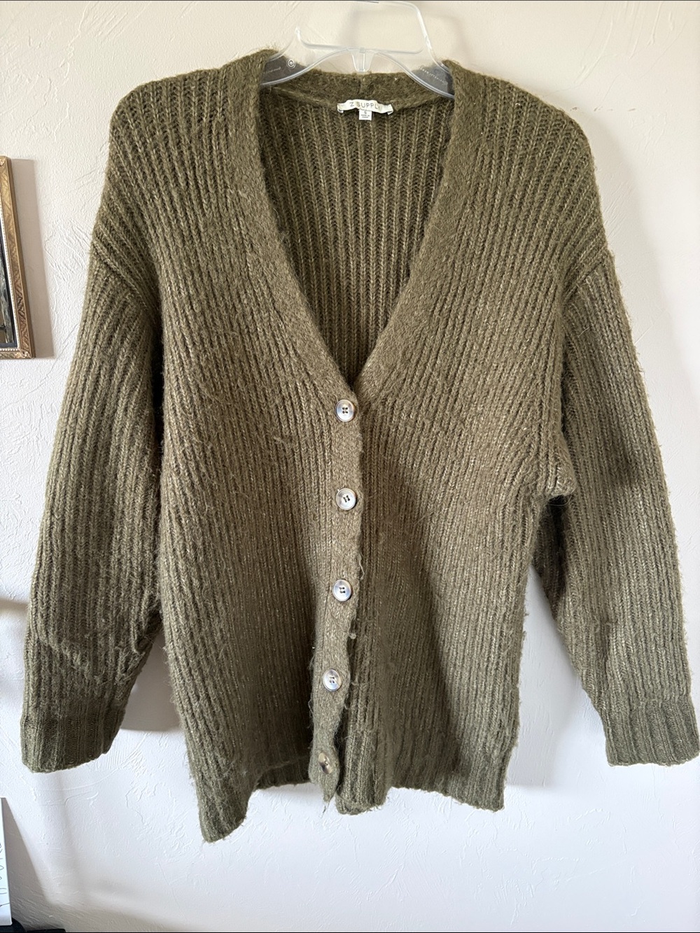 Z Supply Olive Ribbed V-Neck Button-Front Cardigan